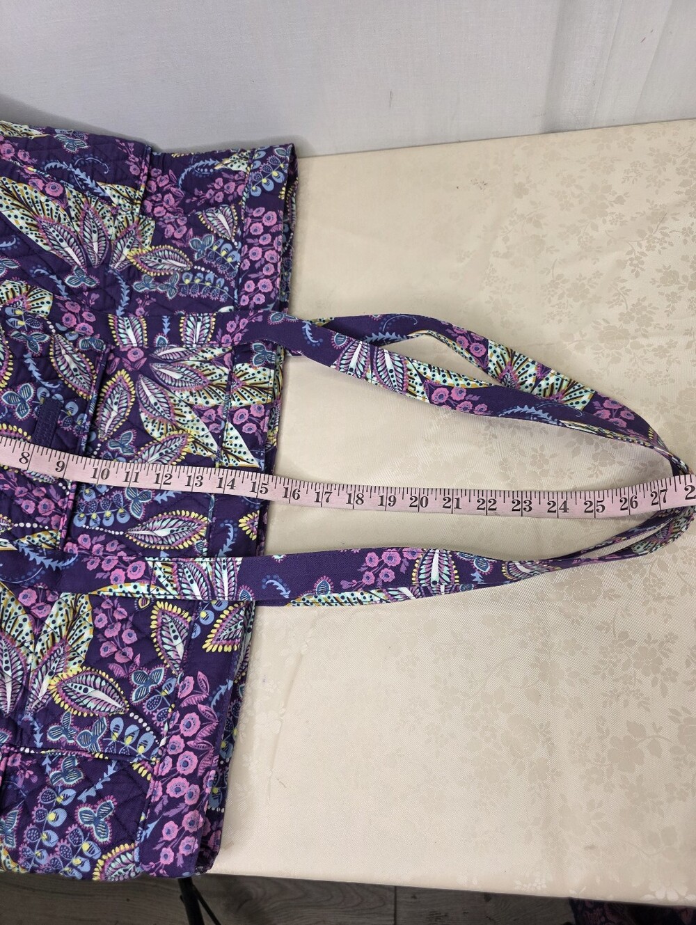 Vera Bradley Quilted Cotton Large Zip Top Tote Bag Purple Pink Paisley Floral - Picture 9 of 10